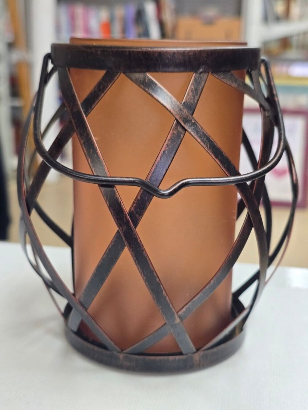 Rustic Metal & Glass Candle Holder Hang Table Removable Amber Frosted Insert FTD